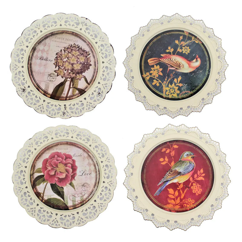 Set of Four 13" X 13" Brown and White Metal Bird Flower Wall Decor Homeroots Home Decor