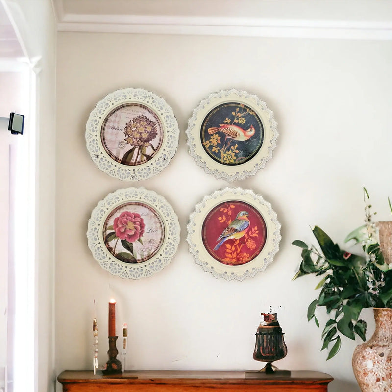 Set of Four 13" X 13" Brown and White Metal Bird Flower Wall Decor Homeroots Home Decor