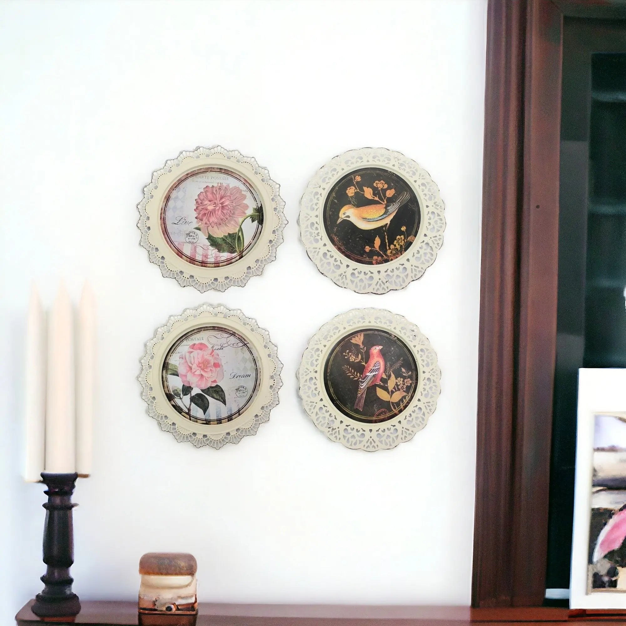 Set of Four 13" X 13" Brown and White Metal Bird Flower Wall Decor Homeroots Home Decor