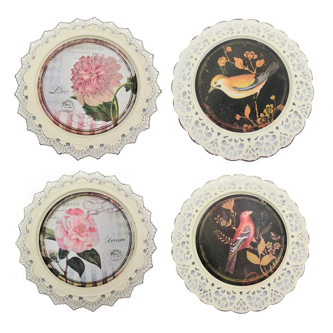 Set of Four 13" X 13" Brown and White Metal Bird Flower Wall Decor Homeroots Home Decor