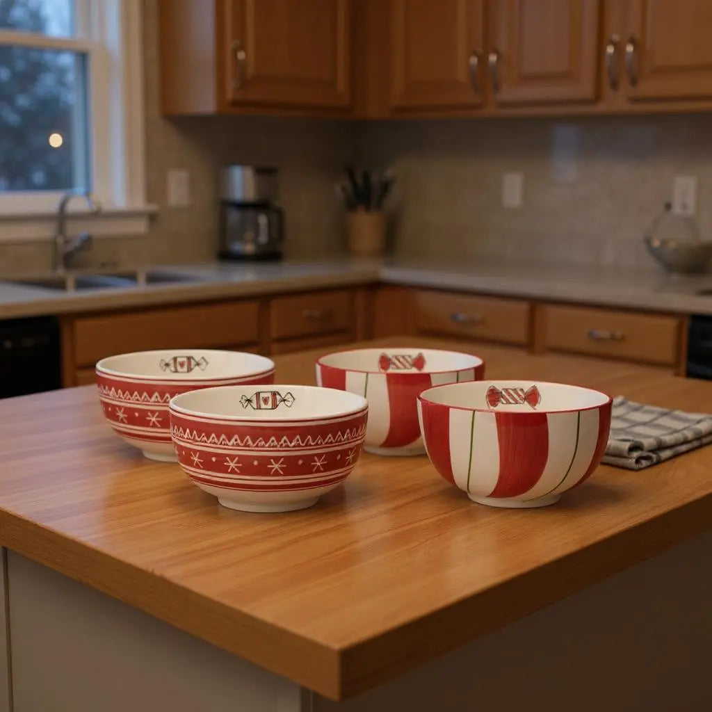 Set of Four 6" Red And White Ceramic Christmas Round Candy or Nut Bowls Homeroots Kitchen & Dining