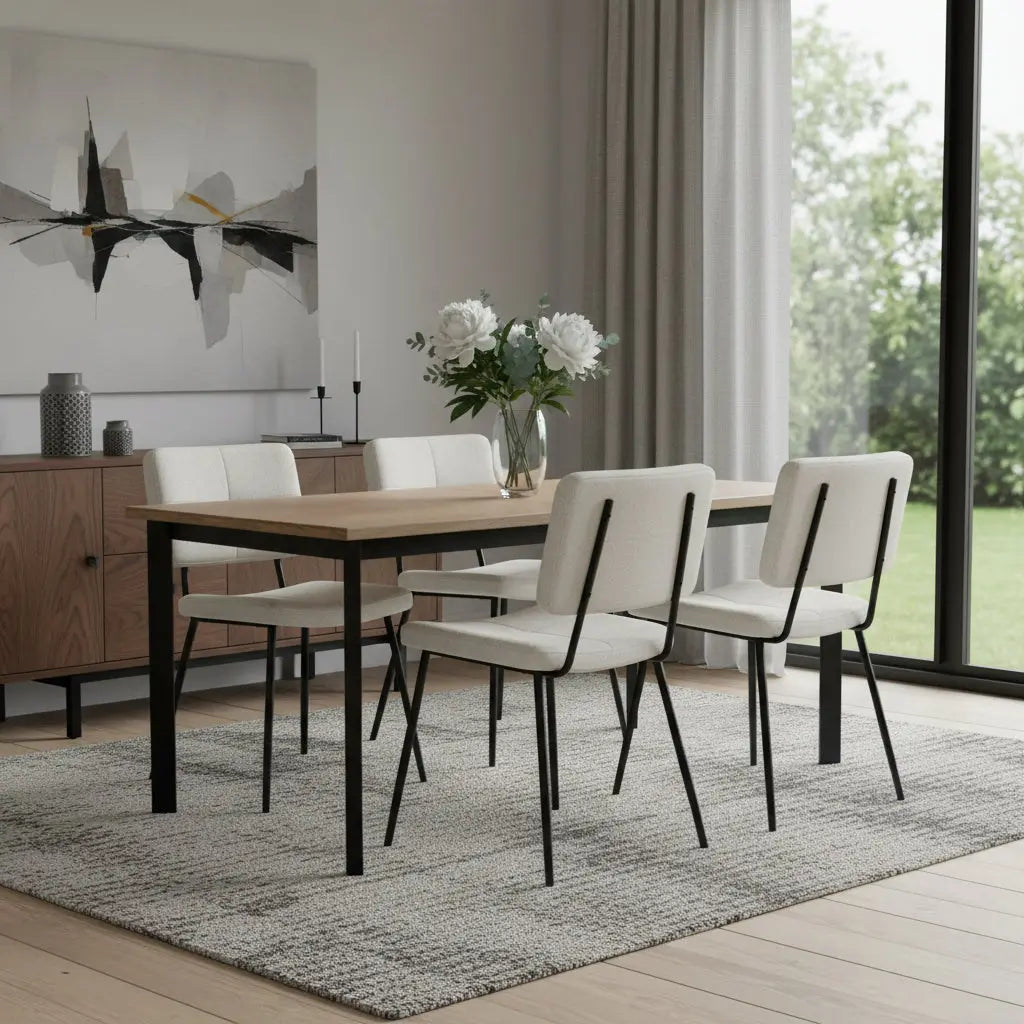 Set of Four Beige and Black Fabric and Steel Dining Side Chairs Homeroots Kitchen & Dining