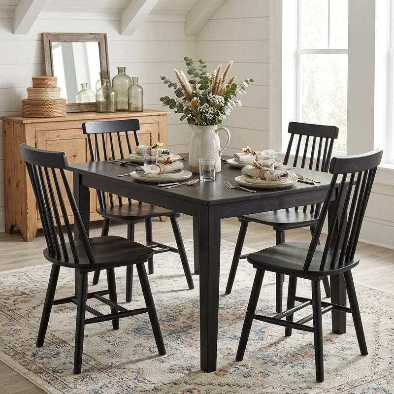 Set of Four Black Solid Wood Windsor Back Dining Side Chairs Homeroots Kitchen & Dining