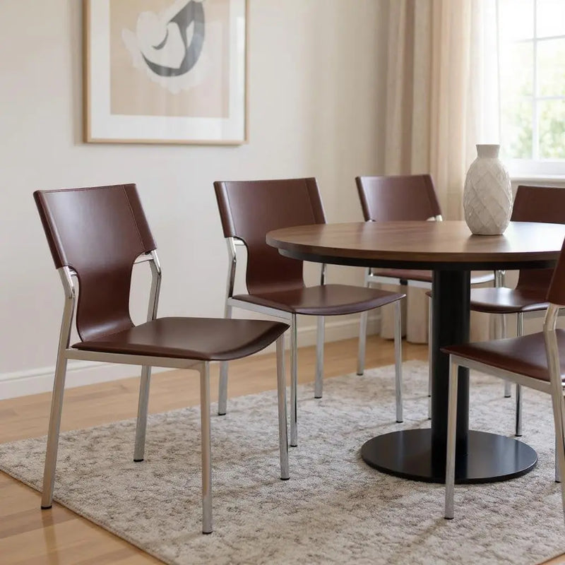 Set of Four Dark Brown and Silver Metal and Leather Dining Side Chairs Homeroots Kitchen & Dining