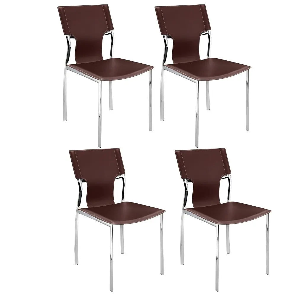Set of Four Dark Brown and Silver Metal and Leather Dining Side Chairs Homeroots Kitchen & Dining