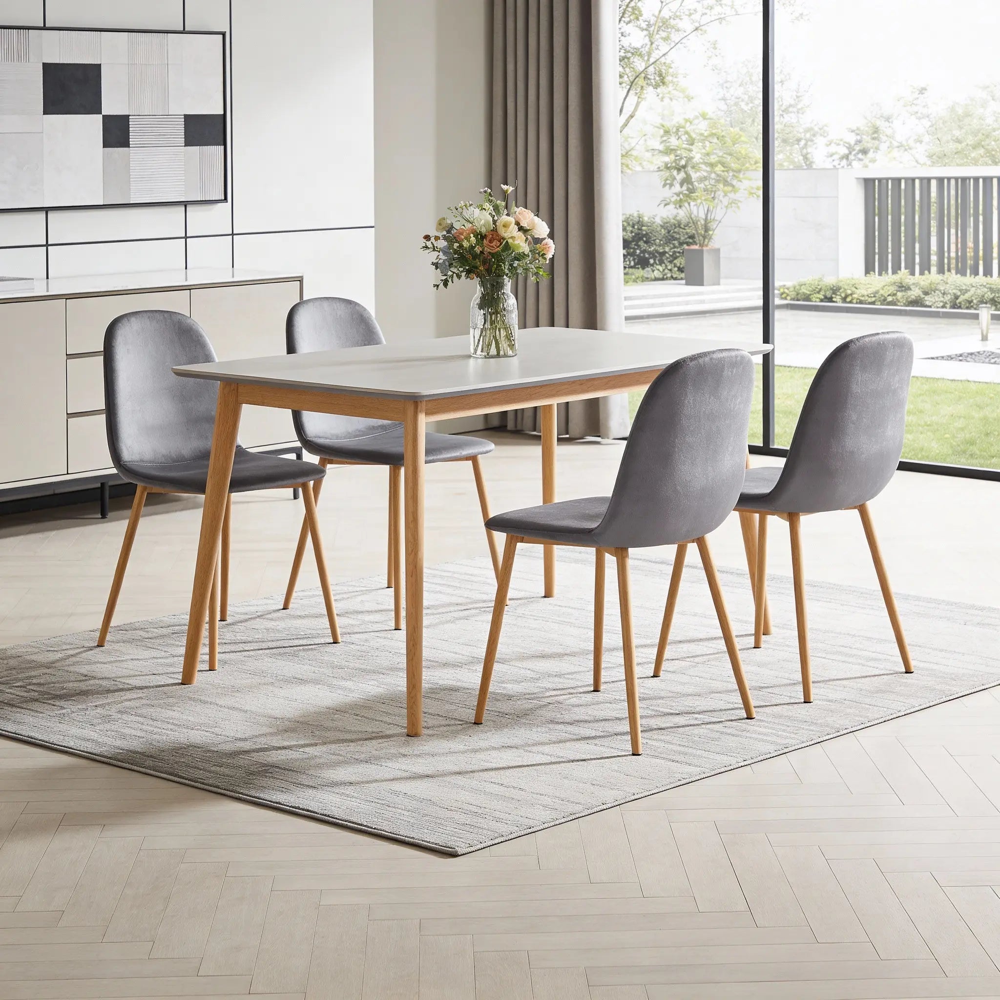 Set of Four Gray and Oak Velvet and Steel Dining Side Chairs Homeroots Kitchen & Dining