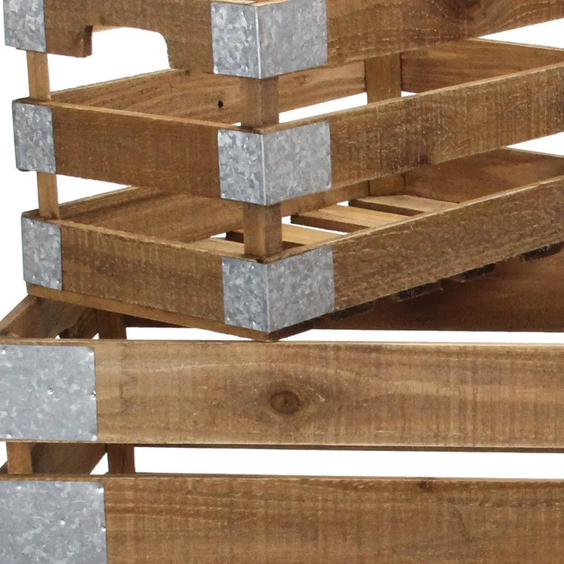 Set of Four Natural Nesting Solid Wood And Metal Crate Homeroots Office