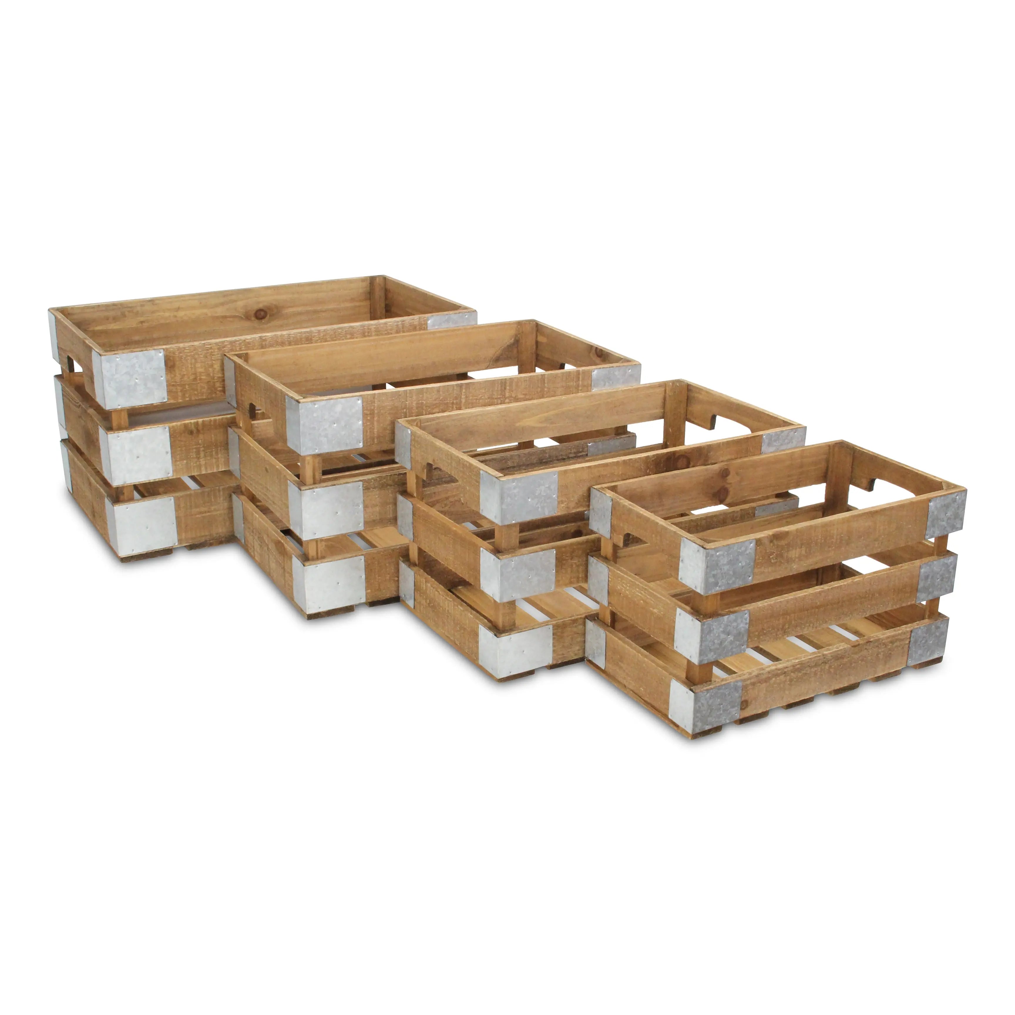 Set of Four Natural Nesting Solid Wood And Metal Crate Homeroots Office