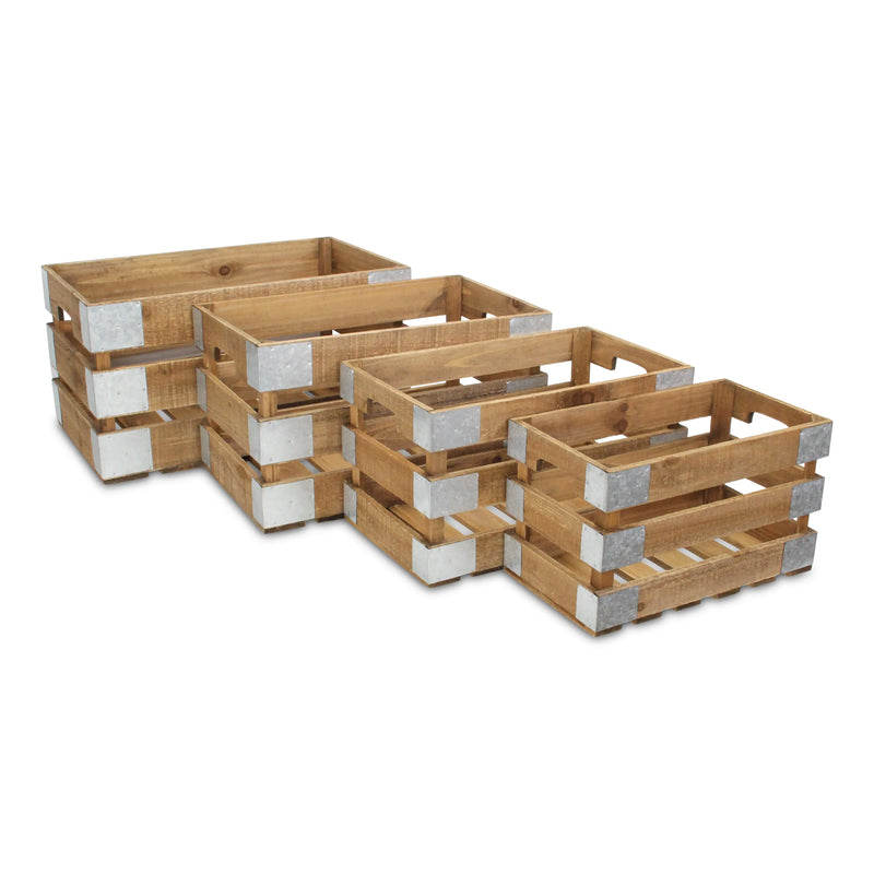 Set of Four Natural Nesting Solid Wood And Metal Crate Homeroots Office
