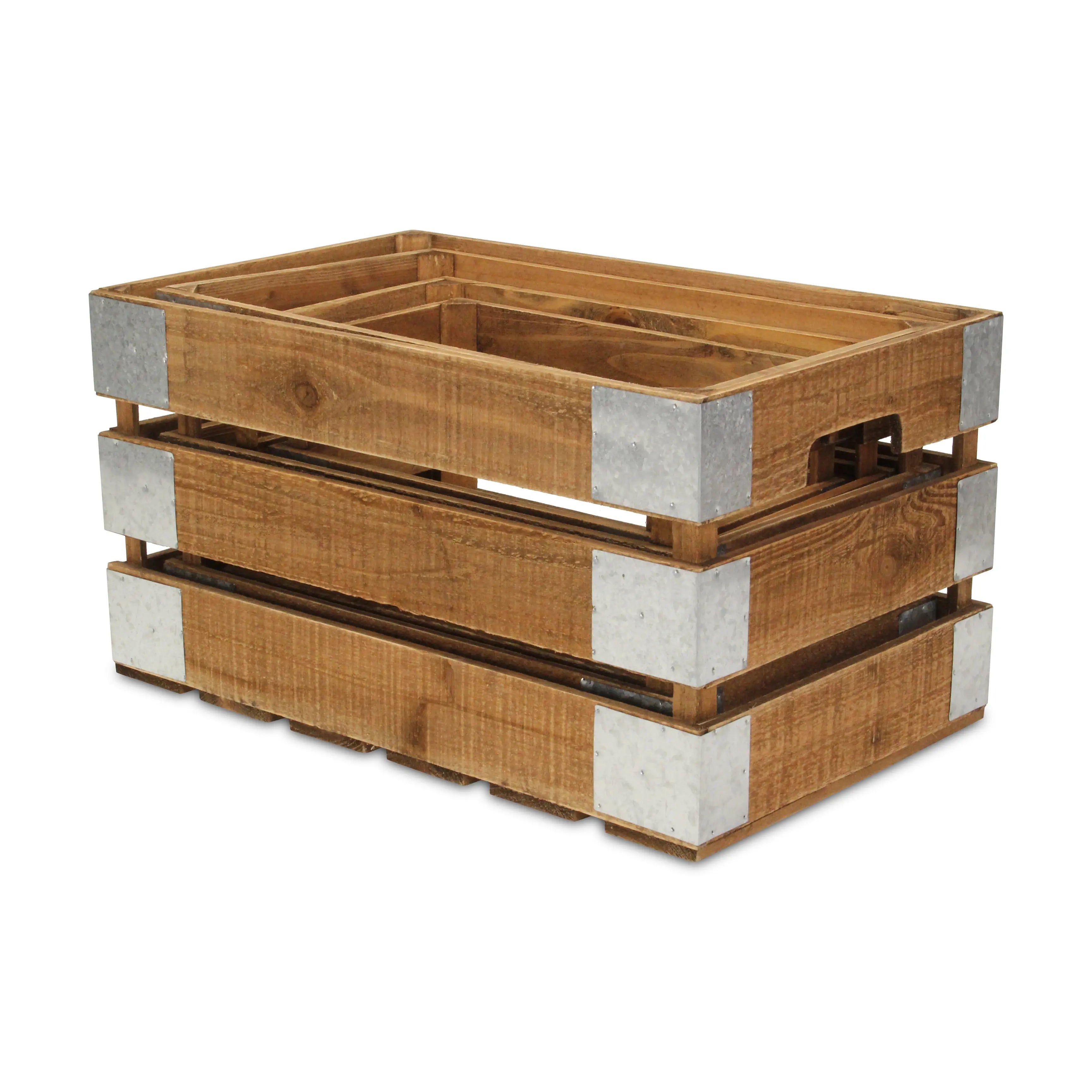 Set of Four Natural Nesting Solid Wood And Metal Crate Homeroots Office