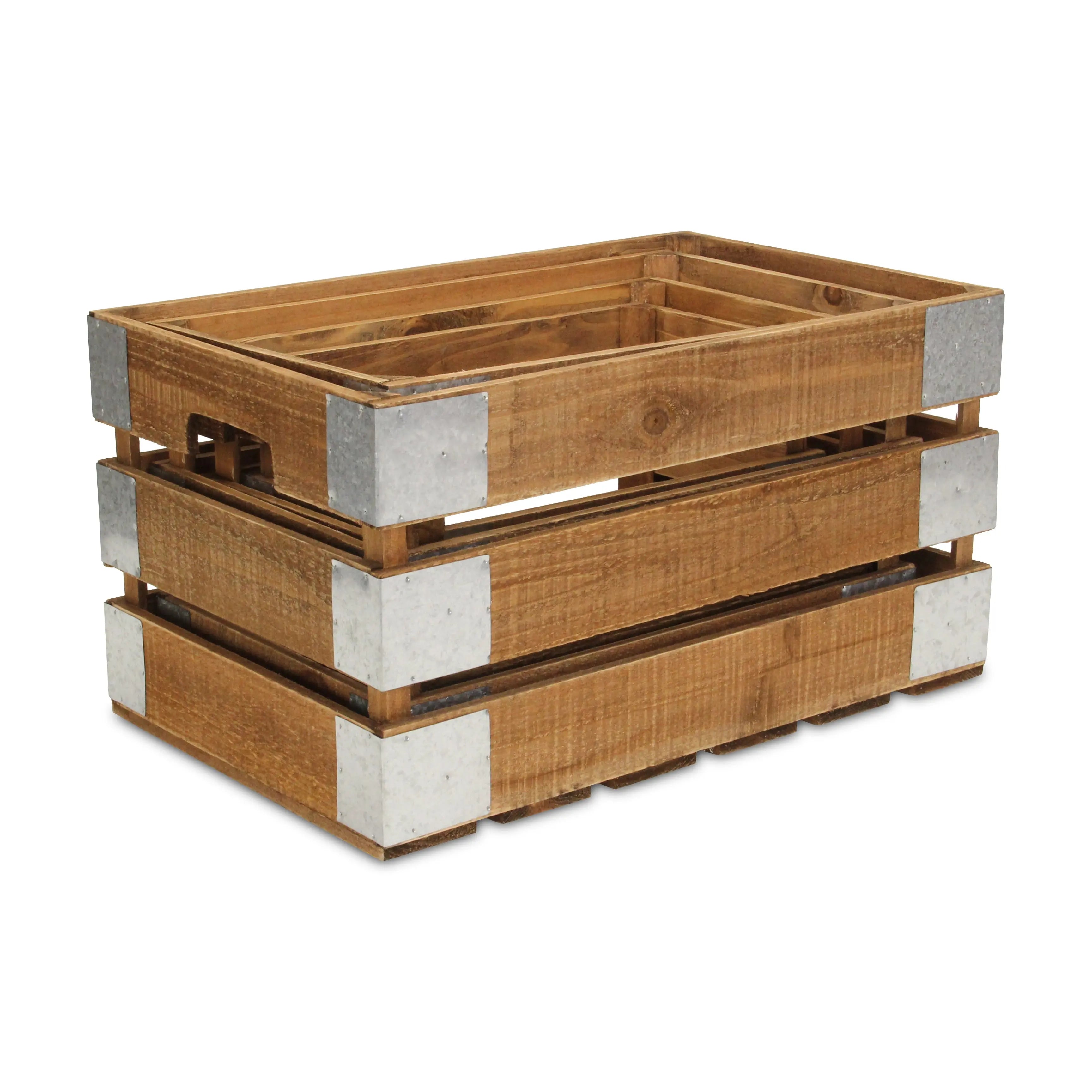 Set of Four Natural Nesting Solid Wood And Metal Crate Homeroots Office