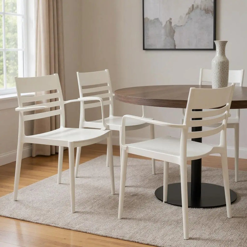 Set of Four White Heavy Duty Plastic Ladder Back Dining Arm Chairs Homeroots Kitchen & Dining