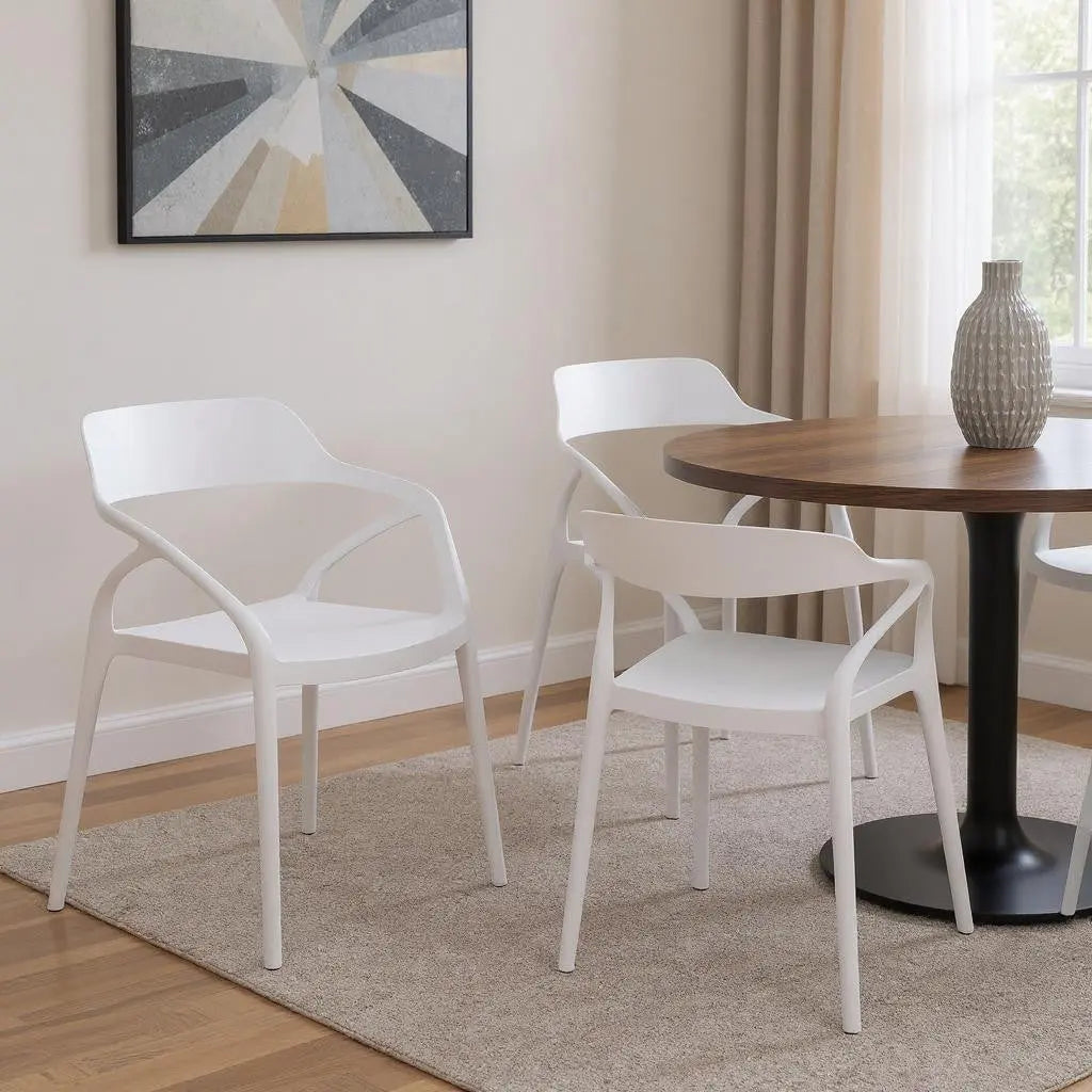 Set of Four White Heavy Duty Plastic Open Back Dining Arm Chairs Homeroots Kitchen & Dining