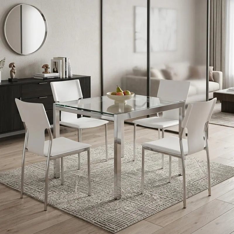 Set of Four White and Silver Metal and Leather Dining Side Chairs Homeroots Kitchen & Dining