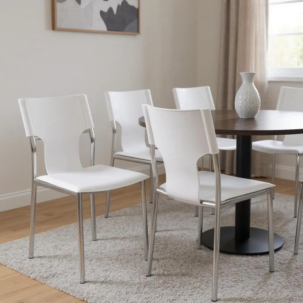 Set of Four White and Silver Metal and Leather Dining Side Chairs Homeroots Kitchen & Dining