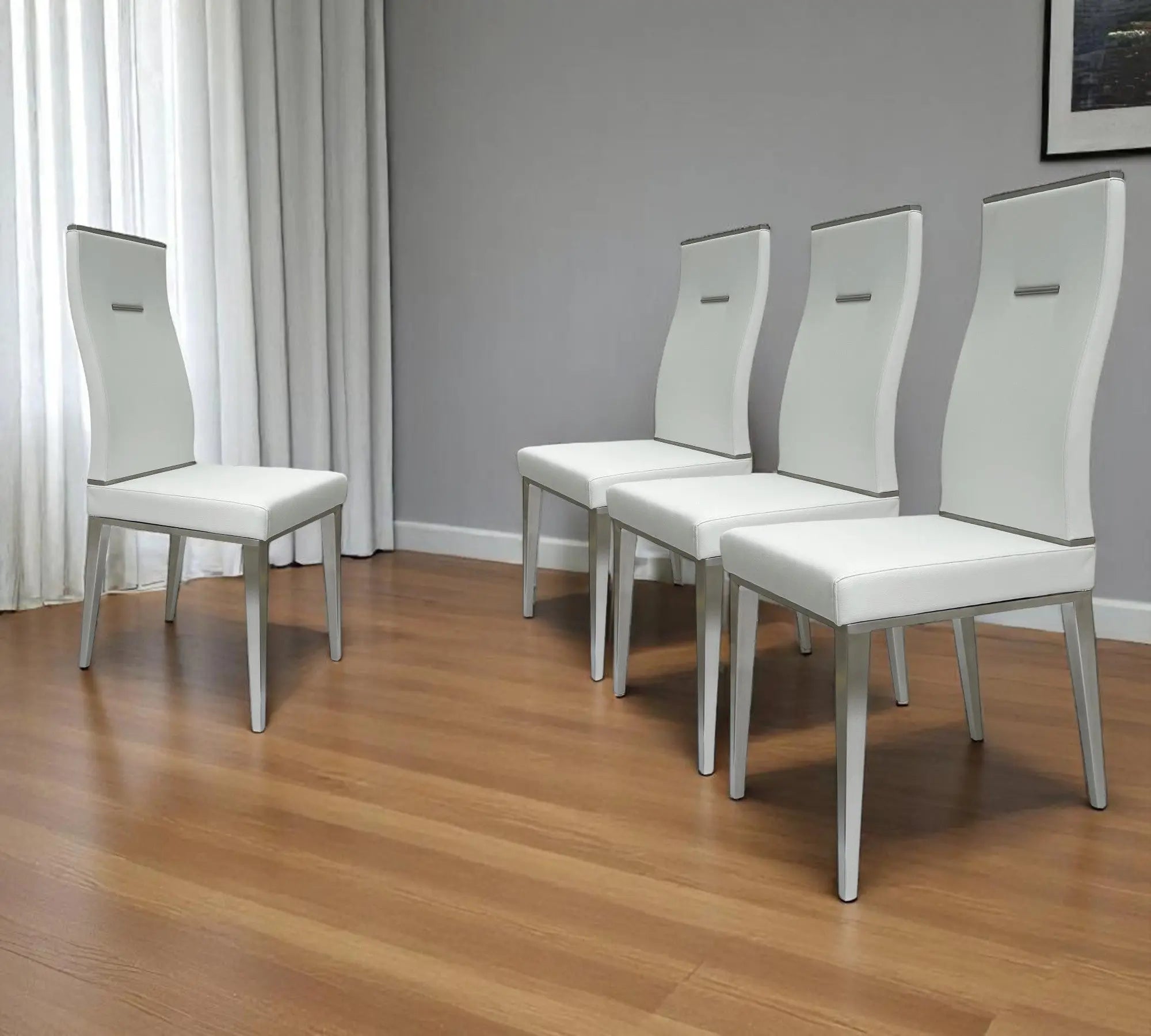 Set of Four White and Silver Upholstered Faux Leather Dining Side Chairs Homeroots Kitchen & Dining