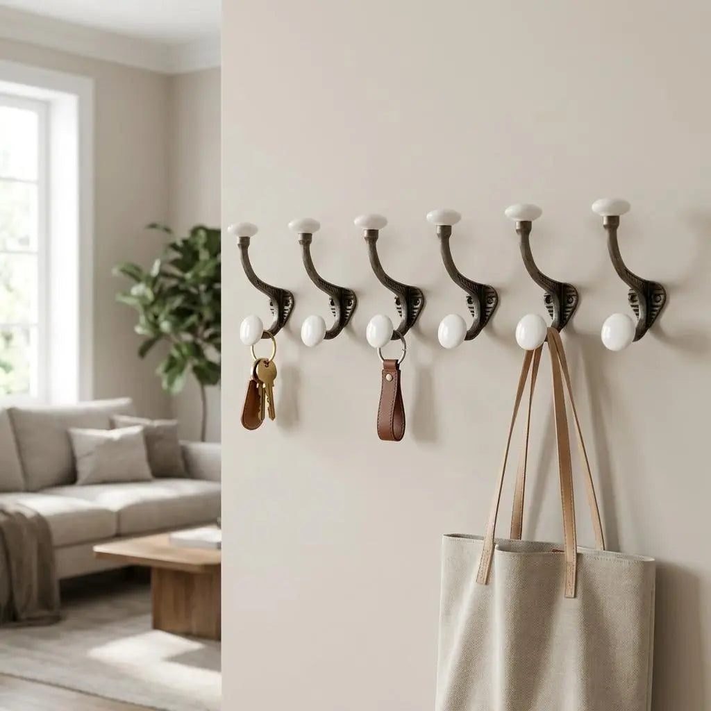Set of Six Bronze And White Cast Iron And Ceramic Double Wall Hooks Homeroots Organization