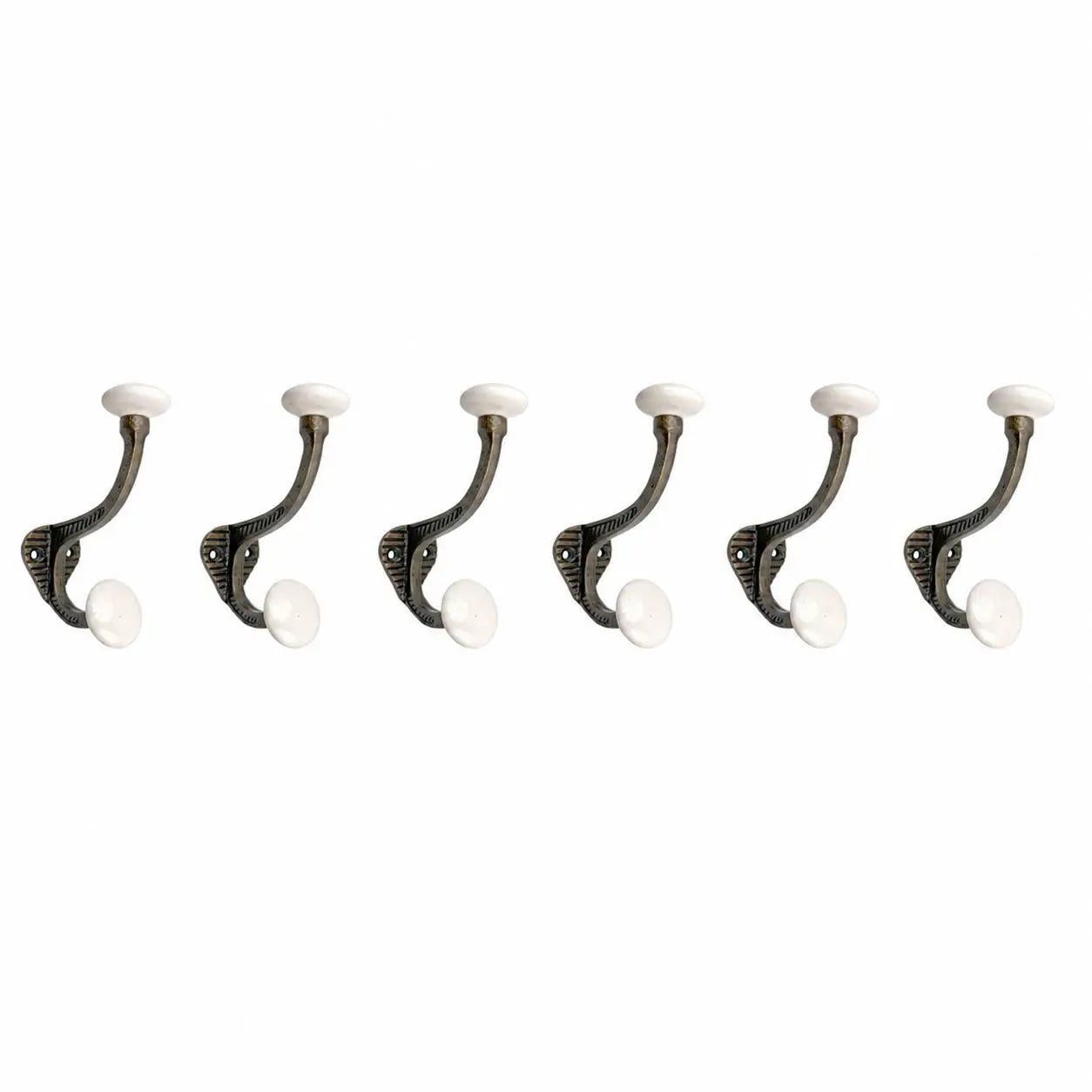 Set of Six Bronze And White Cast Iron And Ceramic Double Wall Hooks Homeroots Organization