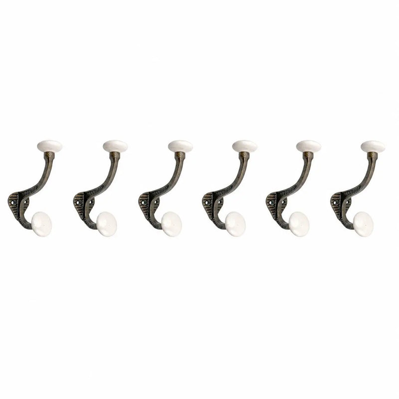 Set of Six Bronze And White Cast Iron And Ceramic Double Wall Hooks Homeroots Organization