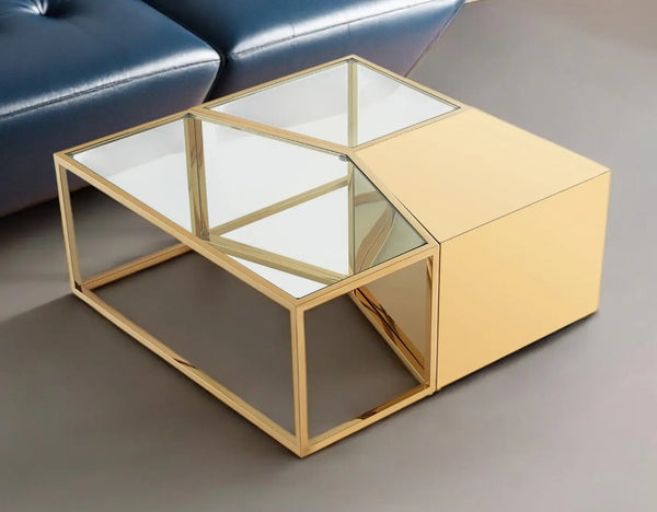 Set of Three 37" Clear And Gold Glass And Stainless Steel Square Mirrored Bunching Coffee Tables Homeroots Living Room