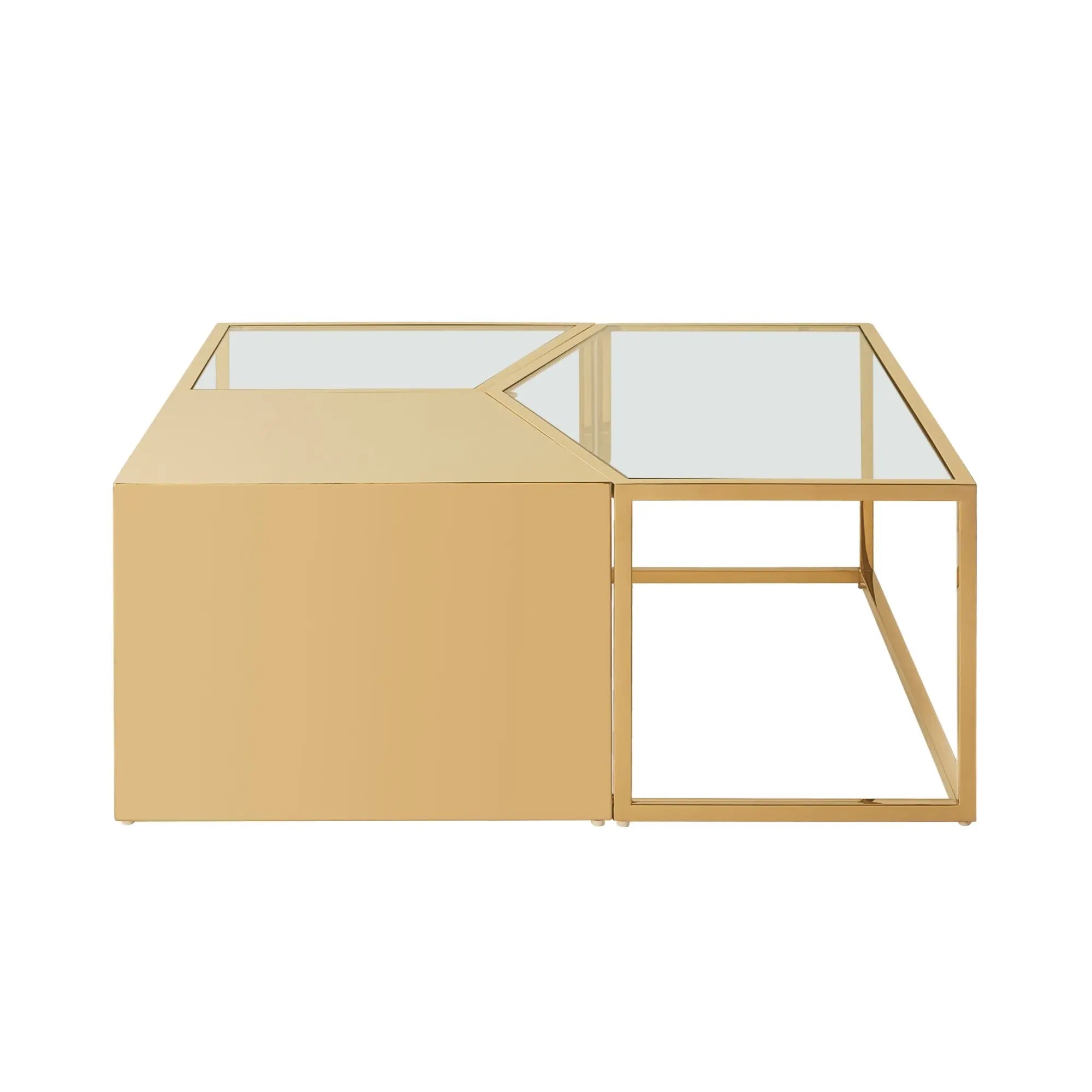 Set of Three 37" Clear And Gold Glass And Stainless Steel Square Mirrored Bunching Coffee Tables Homeroots Living Room