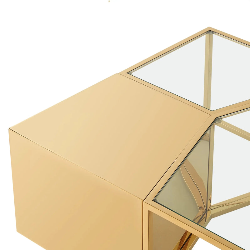 Set of Three 37" Clear And Gold Glass And Stainless Steel Square Mirrored Bunching Coffee Tables Homeroots Living Room