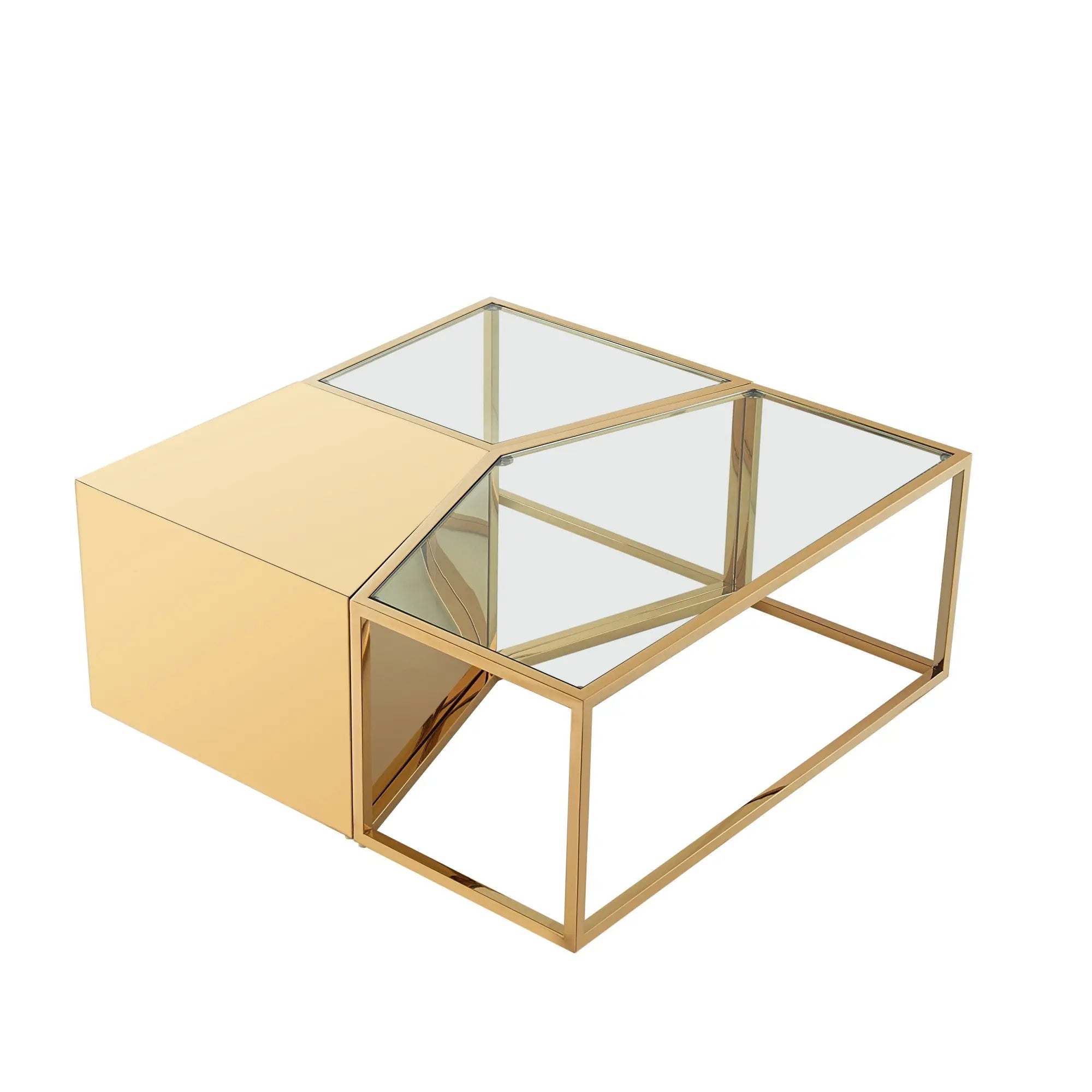 Set of Three 37" Clear And Gold Glass And Stainless Steel Square Mirrored Bunching Coffee Tables Homeroots Living Room