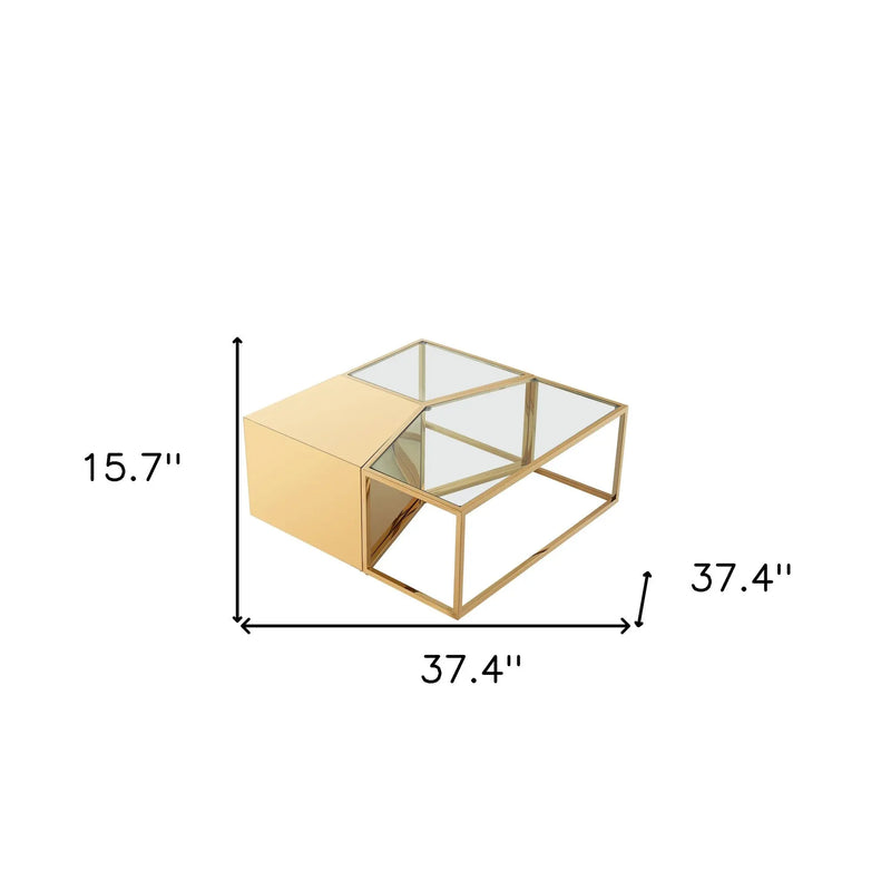 Set of Three 37" Clear And Gold Glass And Stainless Steel Square Mirrored Bunching Coffee Tables Homeroots Living Room