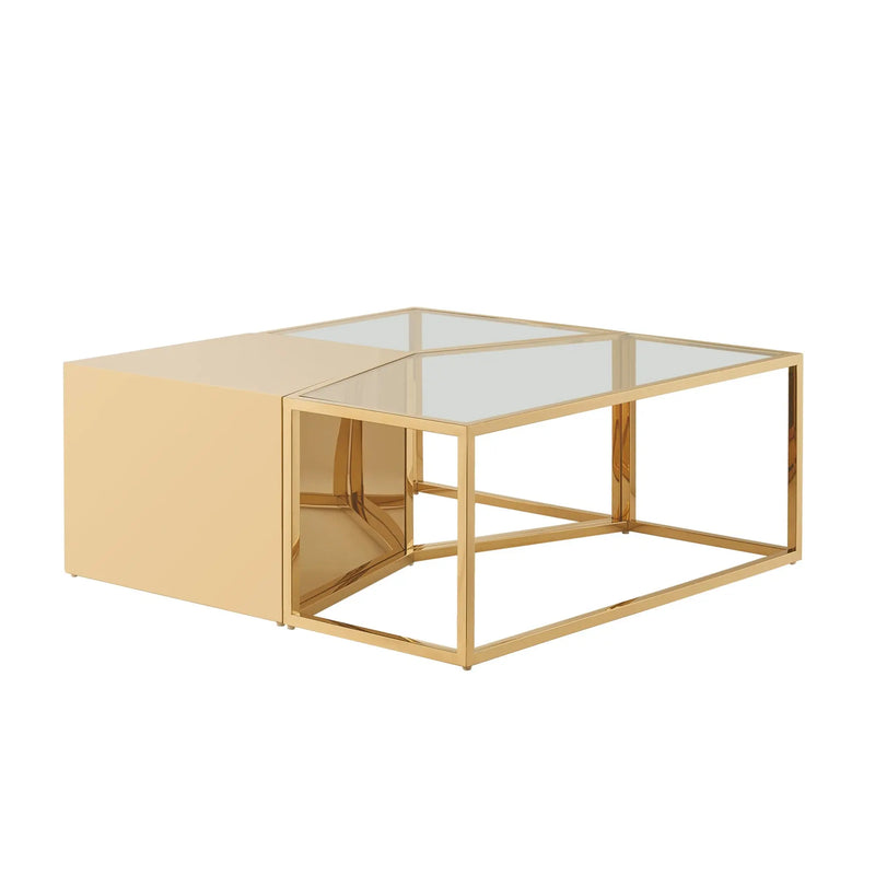 Set of Three 37" Clear And Gold Glass And Stainless Steel Square Mirrored Bunching Coffee Tables Homeroots Living Room
