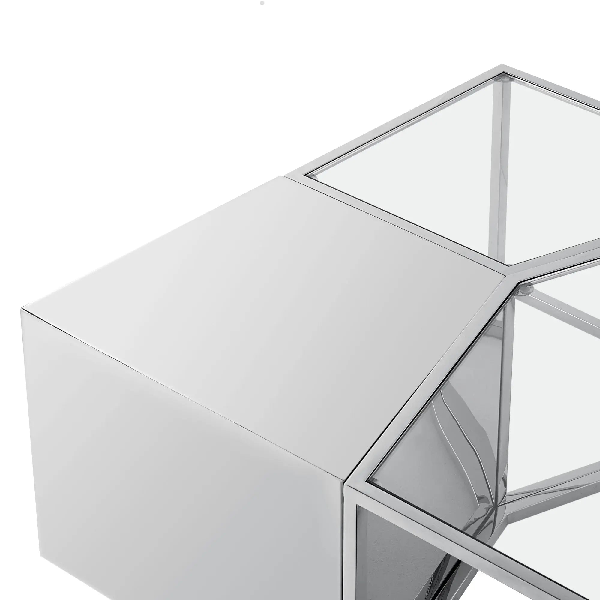Set of Three 37" Clear And Silver Glass  Stainless Steel Square Mirrored Bunching Coffee Tables Homeroots Living Room