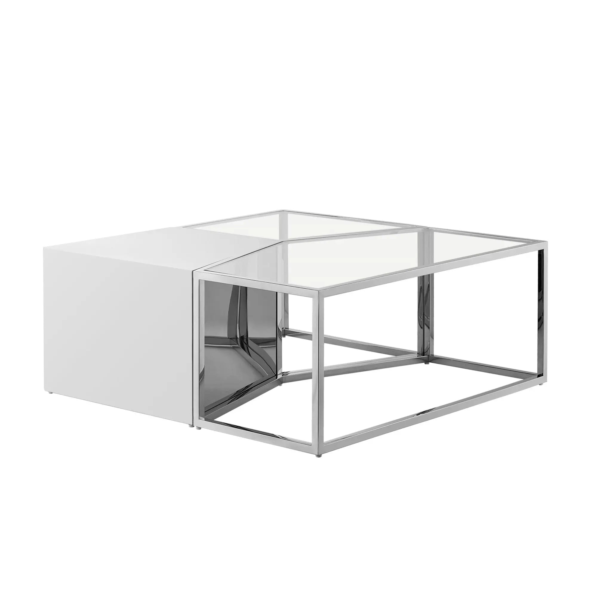 Set of Three 37" Clear And Silver Glass  Stainless Steel Square Mirrored Bunching Coffee Tables Homeroots Living Room