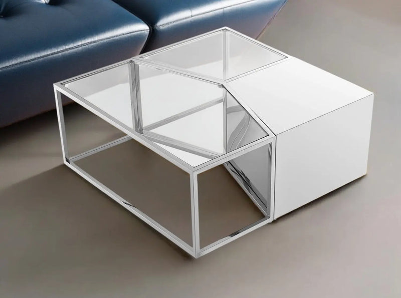 Set of Three 37" Clear And Silver Glass  Stainless Steel Square Mirrored Bunching Coffee Tables Homeroots Living Room