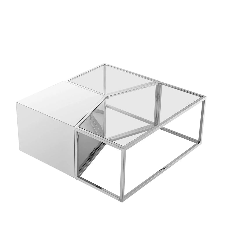 Set of Three 37" Clear And Silver Glass  Stainless Steel Square Mirrored Bunching Coffee Tables Homeroots Living Room