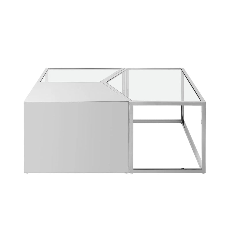 Set of Three 37" Clear And Silver Glass  Stainless Steel Square Mirrored Bunching Coffee Tables Homeroots Living Room