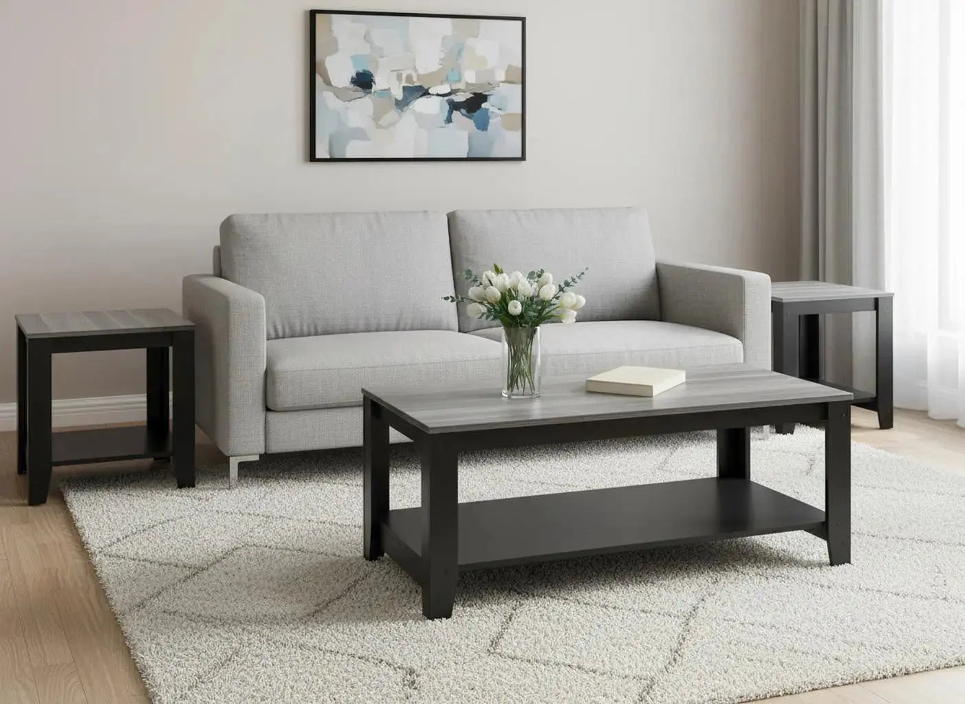 Set of Three 42" Gray And Black Coffee Table With Shelf Homeroots Living Room