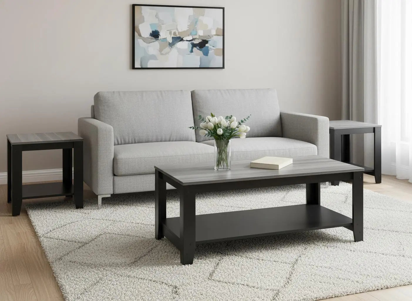 Set of Three 42" Gray And Black Coffee Table With Shelf Homeroots Living Room