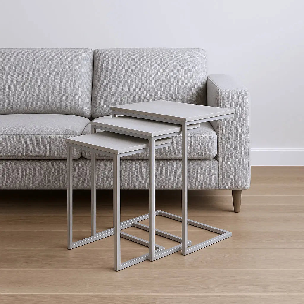 Set of Three Antiqued White Solid Wood and Steel Frame Nested Tables Homeroots Living Room