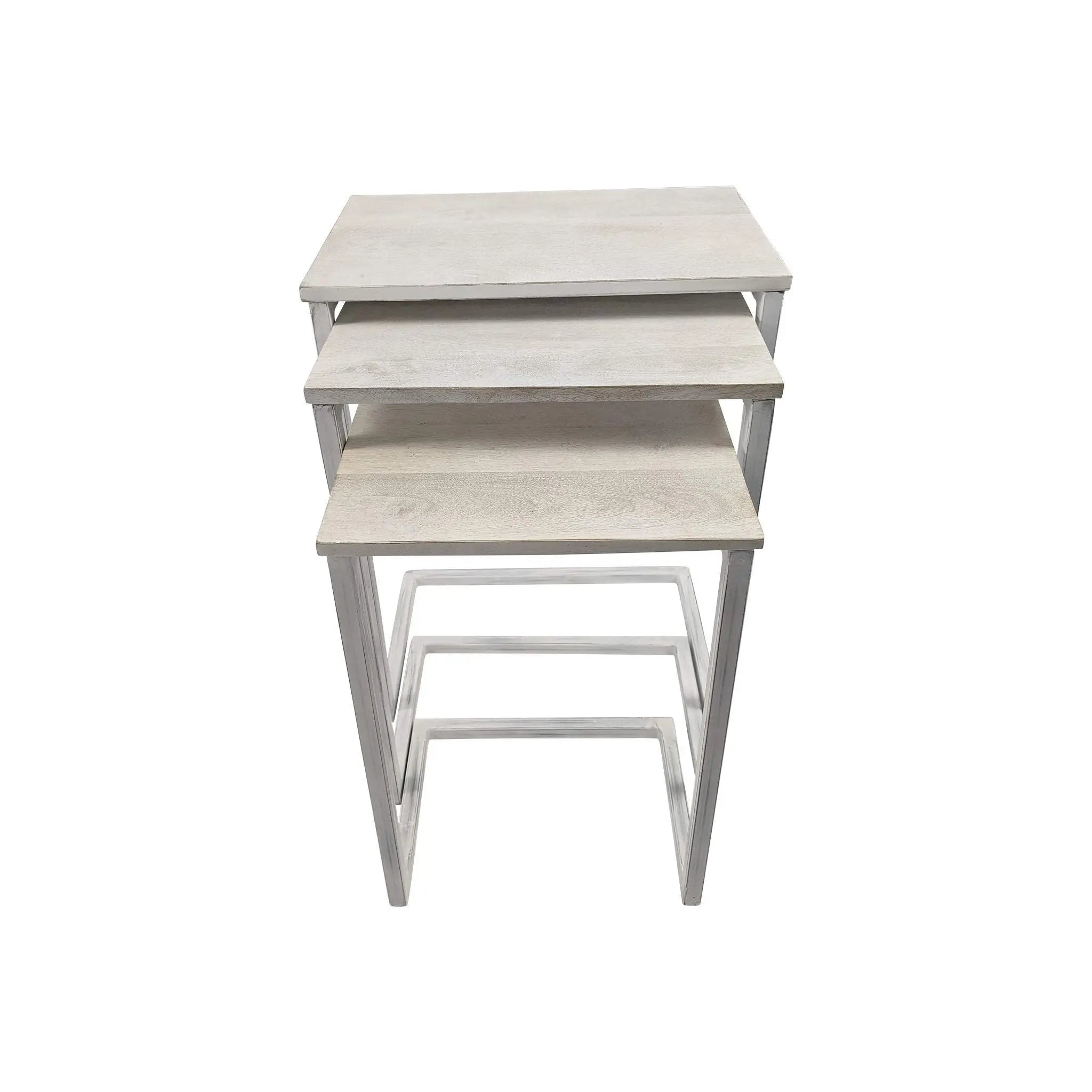 Set of Three Antiqued White Solid Wood and Steel Frame Nested Tables Homeroots Living Room