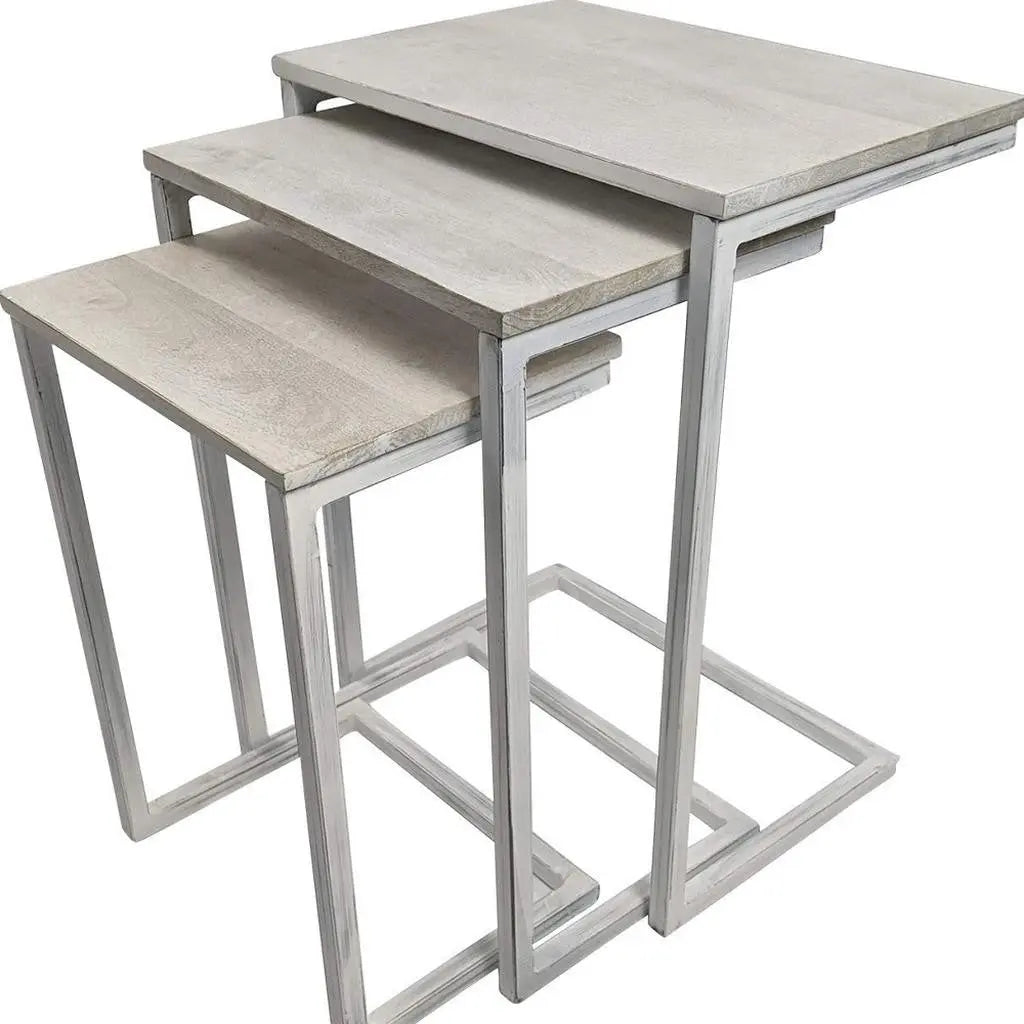 Set of Three Antiqued White Solid Wood and Steel Frame Nested Tables Homeroots Living Room