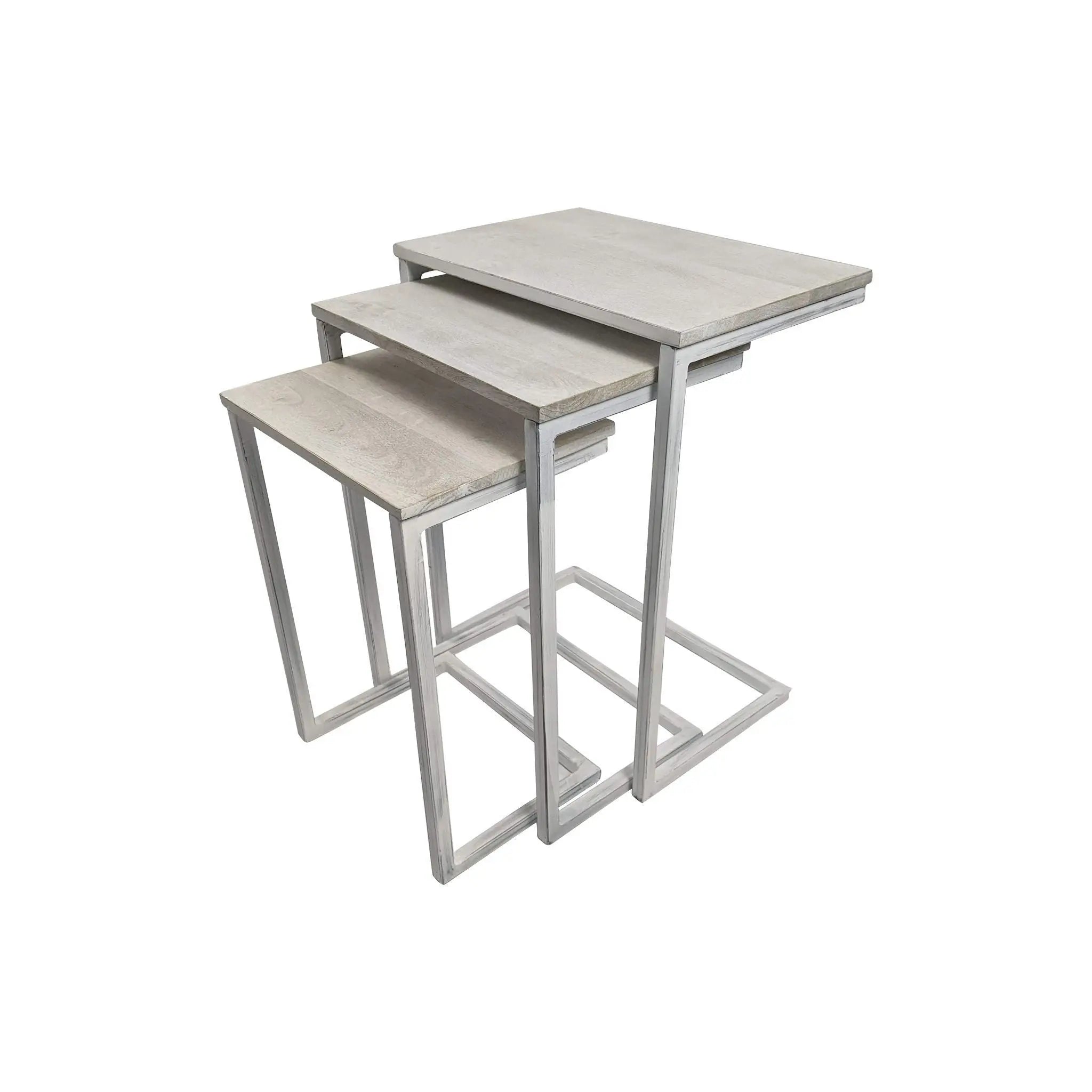 Set of Three Antiqued White Solid Wood and Steel Frame Nested Tables Homeroots Living Room