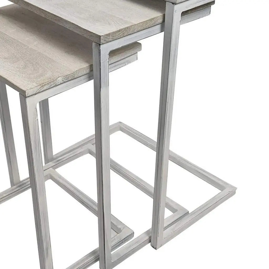 Set of Three Antiqued White Solid Wood and Steel Frame Nested Tables Homeroots Living Room