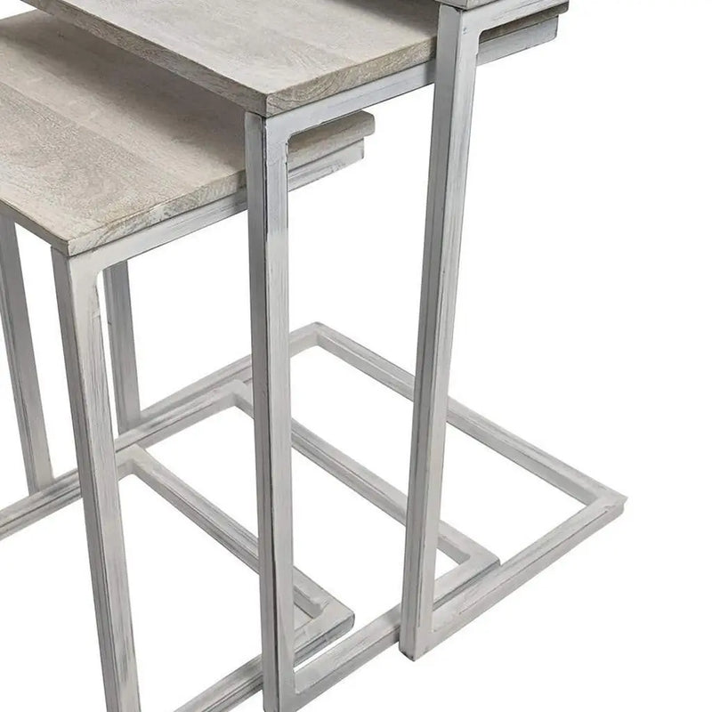 Set of Three Antiqued White Solid Wood and Steel Frame Nested Tables Homeroots Living Room