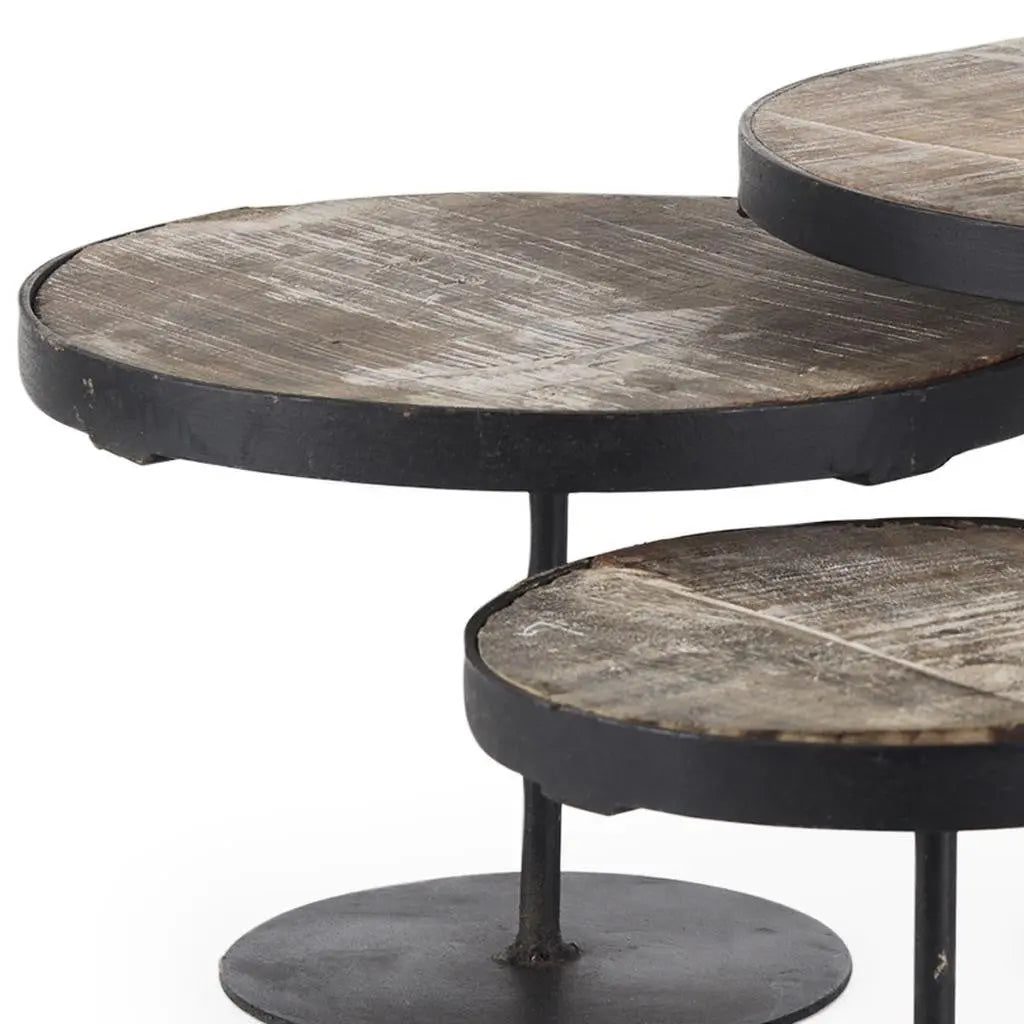 Set of Three Black And Light Brown Iron And Solid Wood Round Risers Homeroots Kitchen & Dining