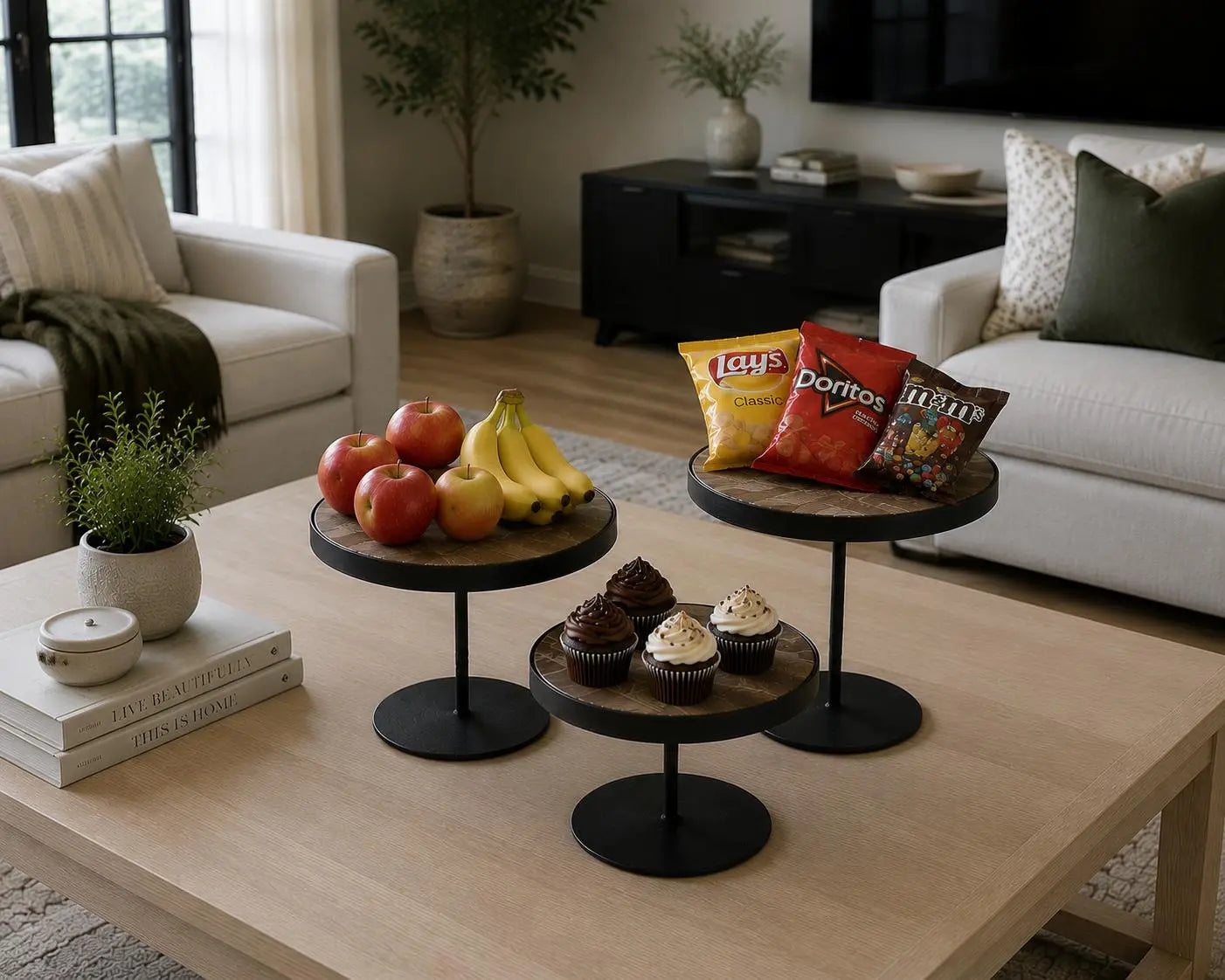 Set of Three Black And Light Brown Iron And Solid Wood Round Risers Homeroots Kitchen & Dining