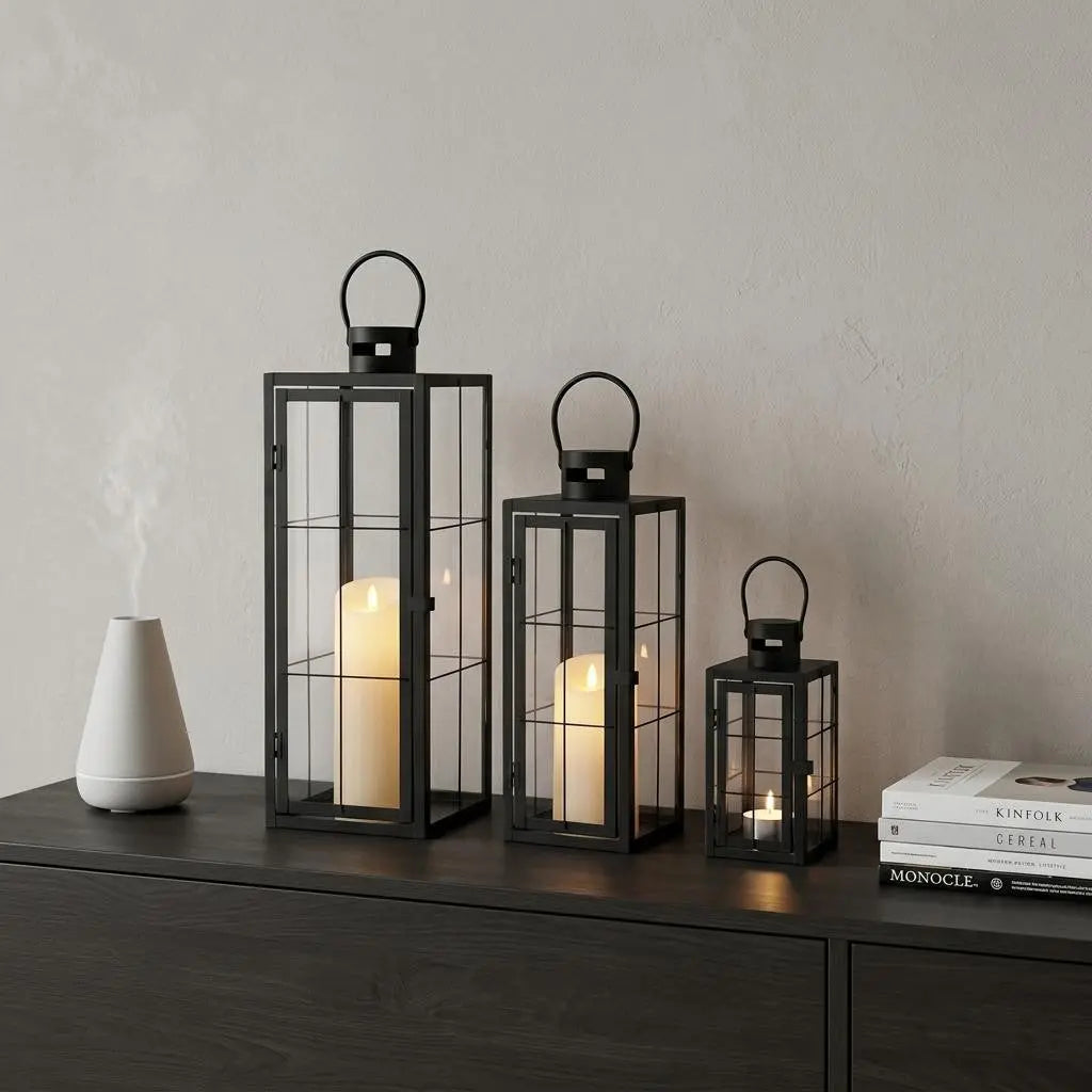 Set of Three Black Distressed Glass Tabletop Lantern Candle Holders Homeroots Home Decor
