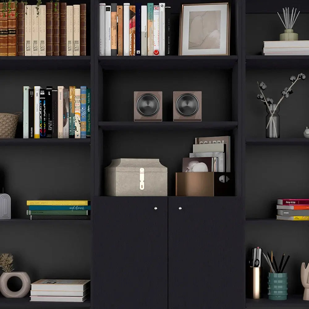 Set of Three Black Five Tier Bookcase with Two Doors Homeroots Office