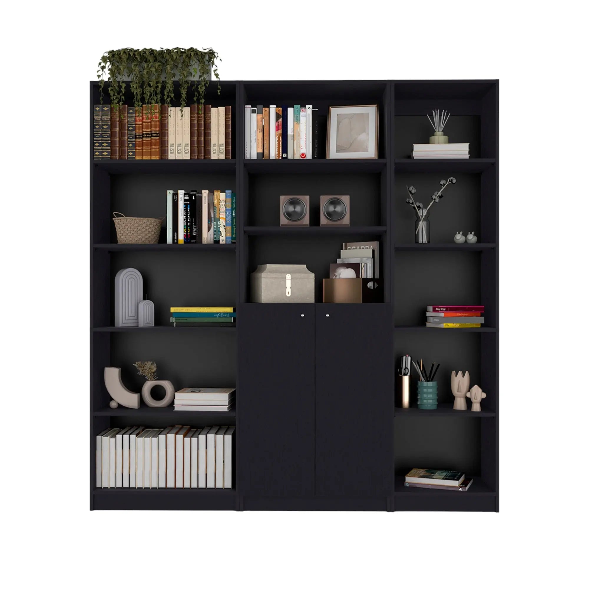 Set of Three Black Five Tier Bookcase with Two Doors Homeroots Office