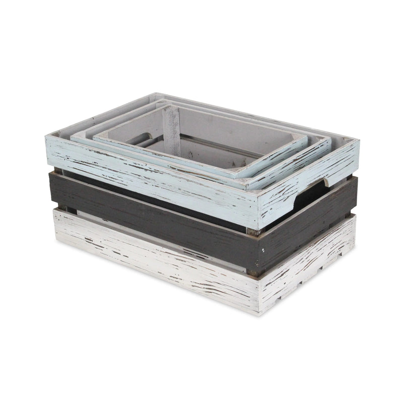 Set of Three Black Light Blue And Off White Nesting Solid Wood Crate Homeroots Office