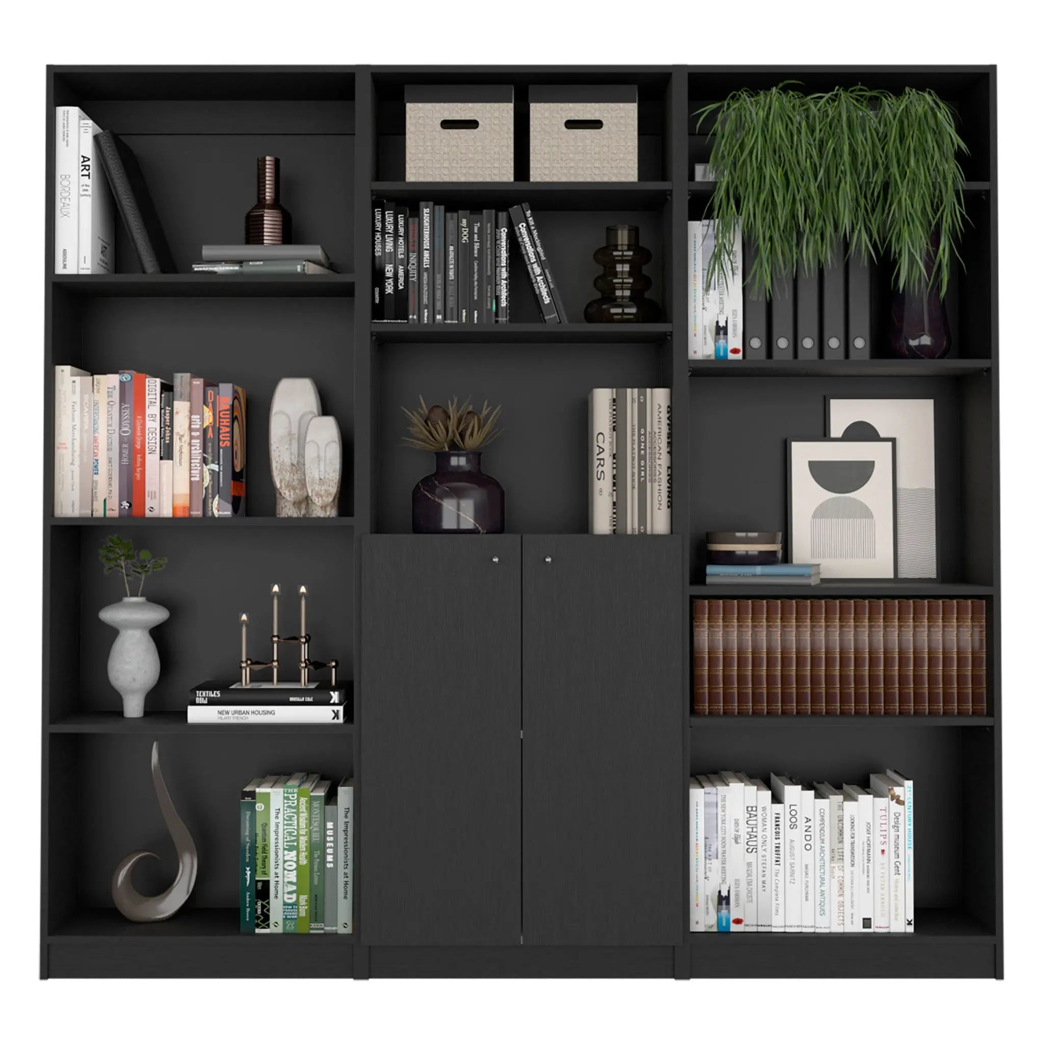 Set of Three Black Wood Five Tier Bookcase with Two Doors Homeroots Office