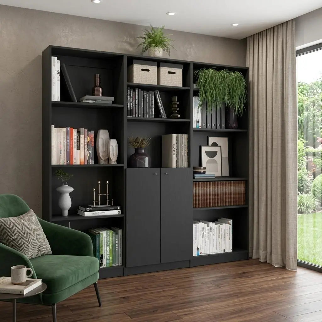 Set of Three Black Wood Five Tier Bookcase with Two Doors Homeroots Office